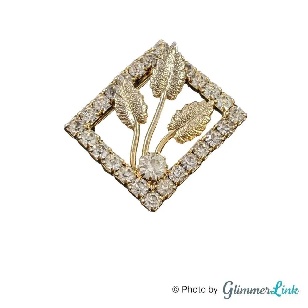 Vintage Rectangle Leaf Rhinestone Openwork Gold Tone Brooch Pin